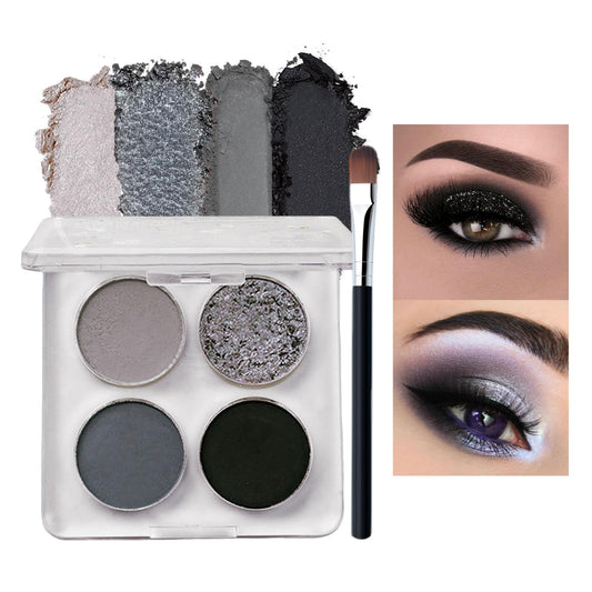 LYNTYAOU Black Gray Silver Smoky Eyeshadow Palettes Set, Goth Eye Shadow Shimmer Mate Palette, Cool Make-Up Palettes for Women Glitter Make up Set, Festival Eyeshadows 4 Colour Pigmented with Brush