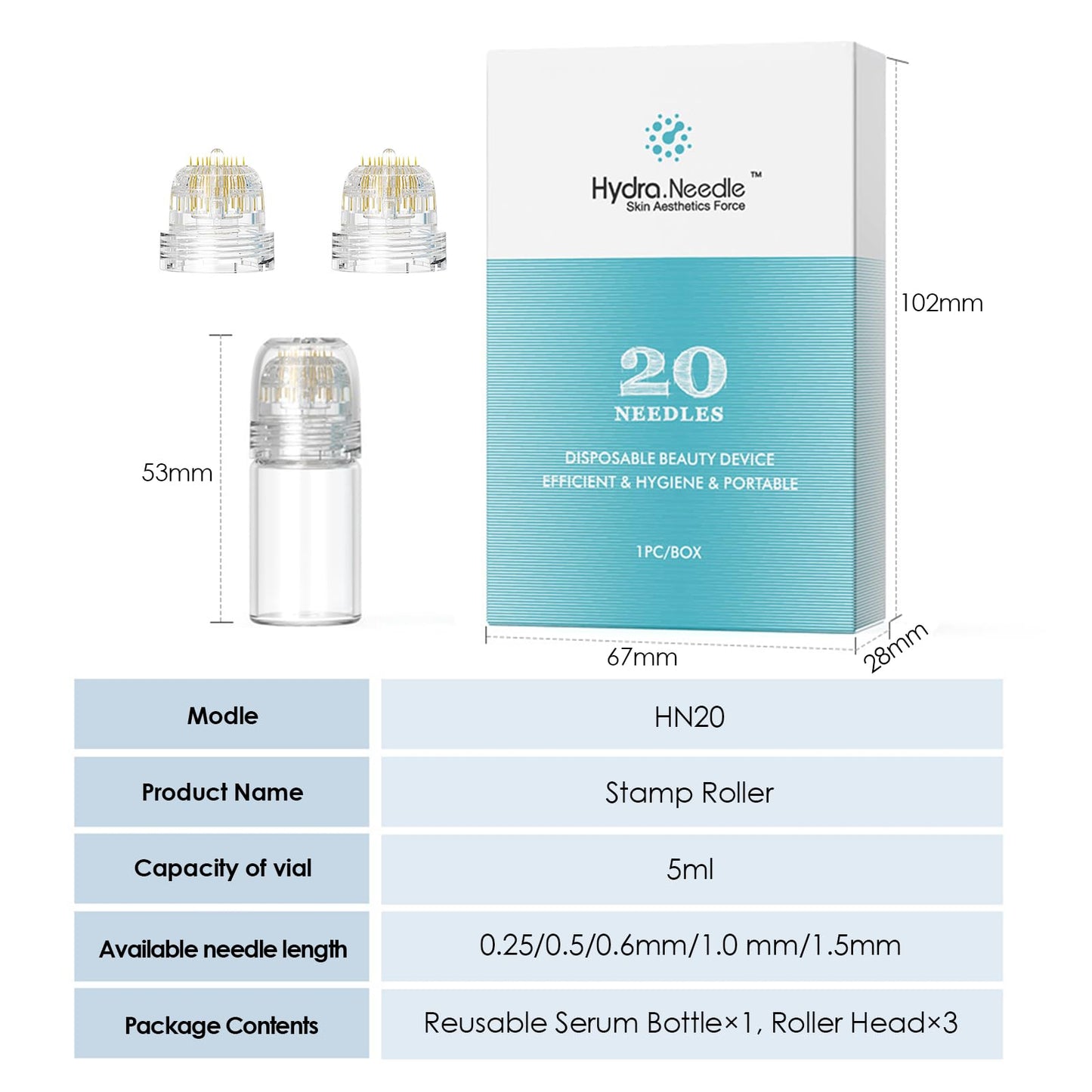 Lazzybeauty Hydra Needle 20 Derma Stamp Microneedling Pin Length 0.5mm, Serum Applicator Bottle Reusable with Extra 2 Replaced Roller Heads, for Anti-aging Skin Care Hair Beard Growth Stimulation