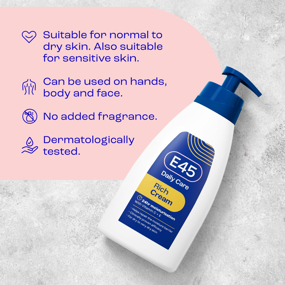 E45 Rich 24hr Moisturising Cream with Vitamin C & E – Fast Absorbing, Deep Hydration for Dry & Sensitive Skin, 400ml