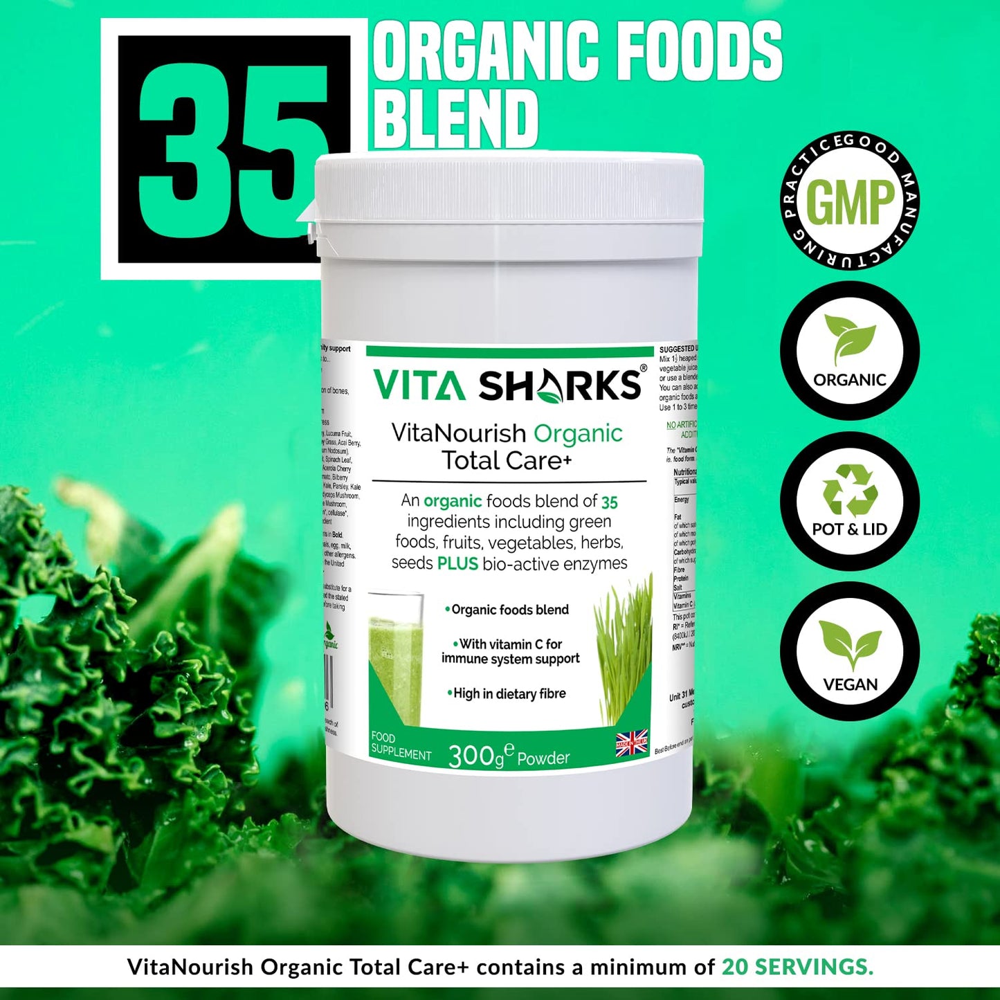 Vita Sharks VitaNourish Organic Total Care+ Vitamin C. 300g Complete Vegan Immune Boosting, Alkalising Nourishment Complex. Bio Active Enzymes for Absolute Detoxification & Digestion Support.