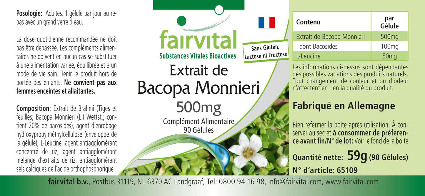 fairvital Fairvital | Bacopa Monnieri Extract 500mg, Brahmi, Vegan, Without Magnesium Stearate, 90 bacopa Capsules