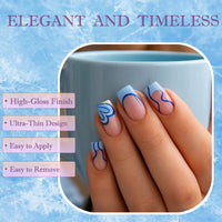 Generic 24PCS Blue Heart Press on Nails – Short Square French Tip with Blue & White Design – Fake Nails with Accessory Tools – Eco-Friendly Acrylic – Reusable Nail Tips Set for Women – Easy Daily Application