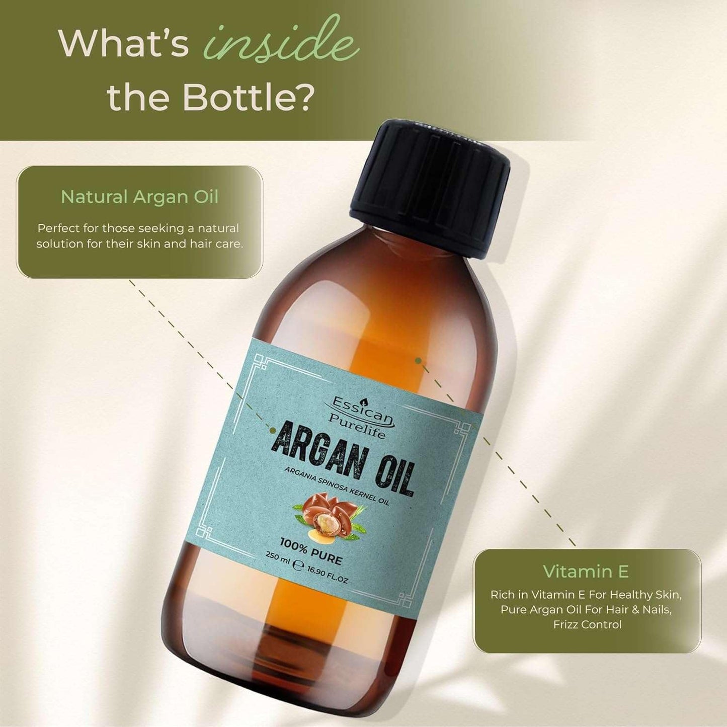 Essican Purelife Pure Moroccan Argan Oil 250ml, Cold Pressed Vitamin E Oil for Skin, 100% Natural Argan Carrier Oil for Face & Body Oil, Hair Oil for Dry Damaged Hair, Curly Hair & Body Oil for Women and Men