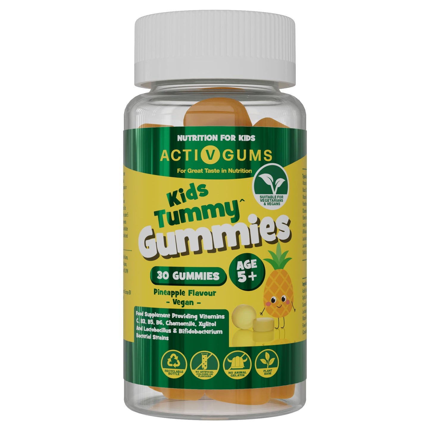 Activ Gums Kids Tummy 30 Vegan Gummies. Pineapple Flavour. for Digestion and Gut Health. with Vitamins C, B3, B5, B6, Chamomile 2000mg, 2.25 Billion CFU Probiotics, Xyiltol. for Ages 5+ by ActivGums®