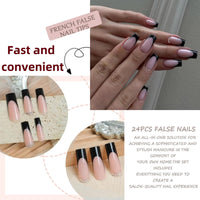 Yoowan 24pcs French Tip False Nails,Press On Nails Black,Black French Tip Na-Ils,Elegant,Black Square Stick On Na-Il,Suitable For Most Sizes,Sturdy,Durable,Reusable,For Women And Girls(With Jelly Gelatin)