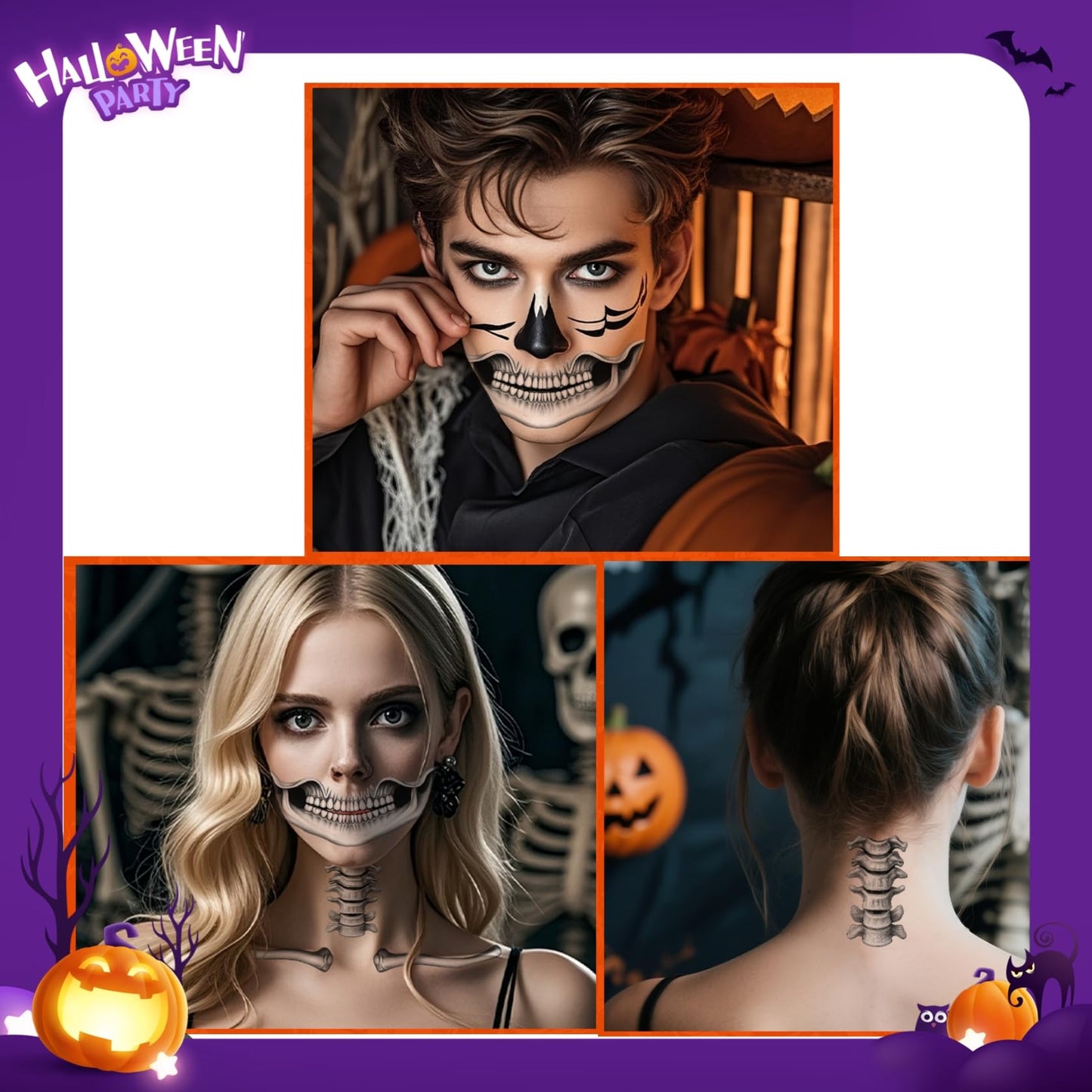Lekabee skeleton mouth temporary tattoo,devil face temporary tattoo,halloween face stickers,halloween make up adults,face tattoos for men and women,horror make up,scary face tattoos
