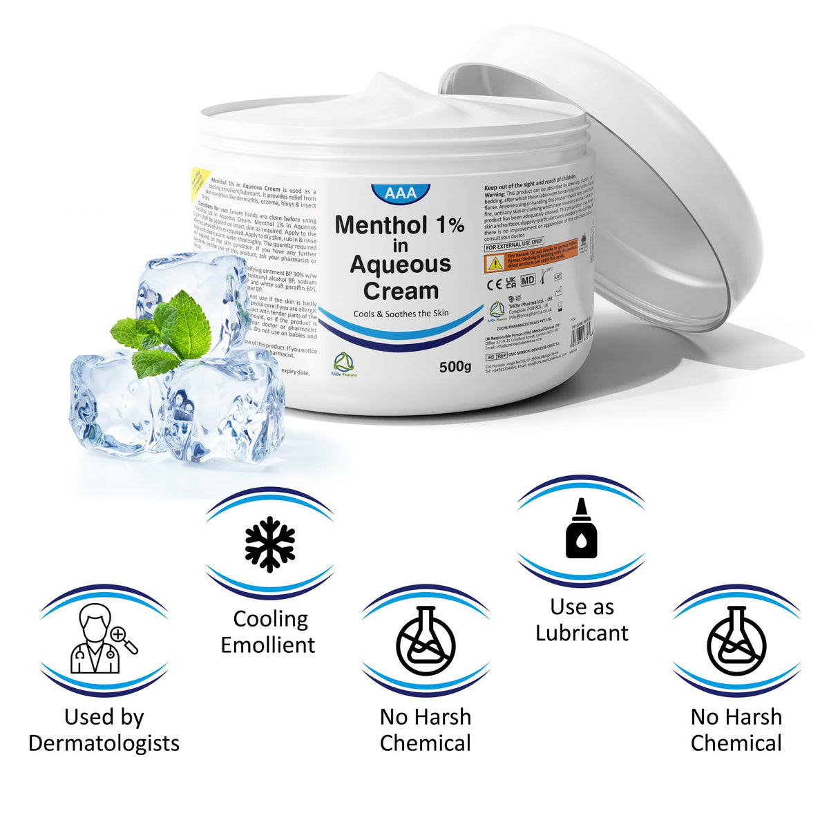 TriOn Pharma Aqueous Cream with Menthol 1% - 500g | Cooling Emollient for Softening & Soothing Skin | External Skin Cleansing Agent