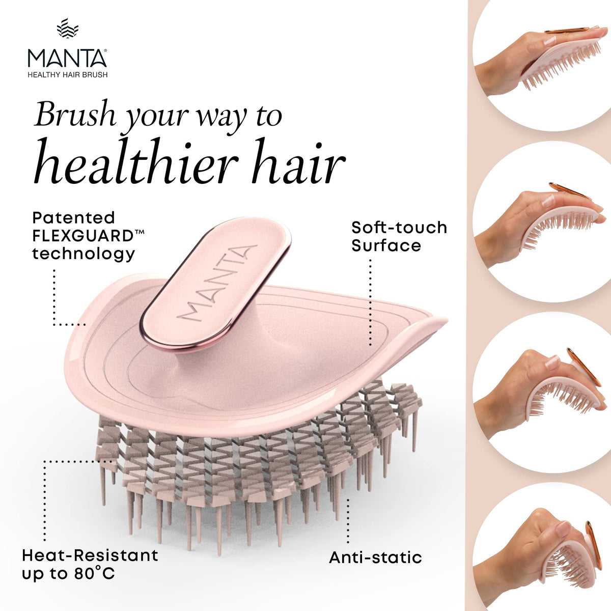 MANTA Manta Detangle Hair Brush, Shower Scalp Massager Shampoo Brush Detangler, Promote Healthy Hair Growth, Premium Wet Tangle Hairbrush, Curly Hair Teaser, Hairbrushes for Women Men Kids, Pink