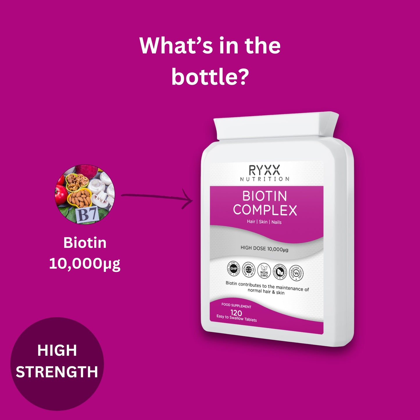 Ryxx Biotin Complex 10,000µg | High Strength Biotin for Hair Growth, Skin & Nails | 120 Vegan Tablets | Made in the UK by RYXX