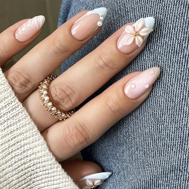 Nymora 24PCS Blue White Press On Nails, 3D Flower & Pearl Design for Summer, Medium False Nails Blue White French Lace