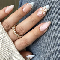 Nymora 24PCS Blue White Press On Nails, 3D Flower & Pearl Design for Summer, Medium False Nails Blue White French Lace