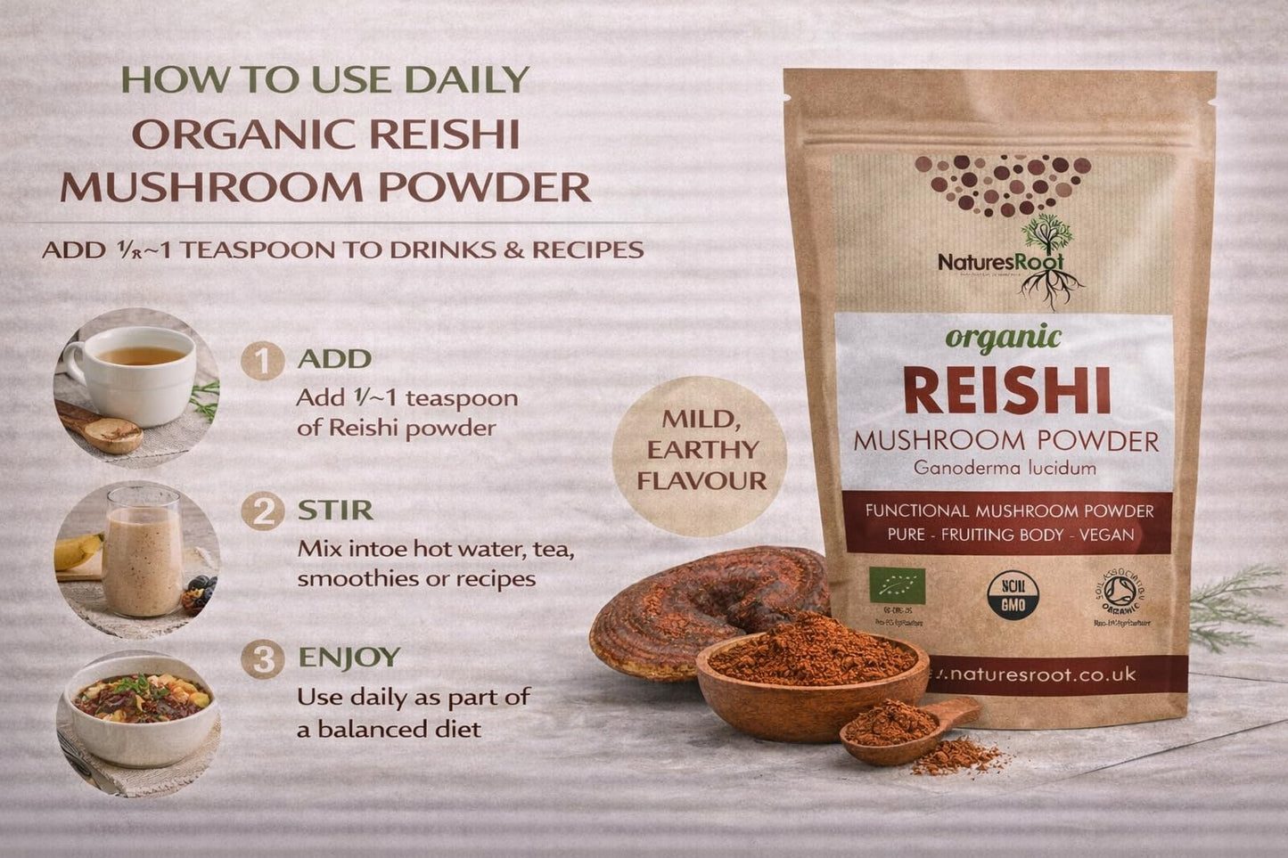 Natures Root Nature’s Root Organic Reishi Mushroom Powder 500g | 100% Fruiting Body | Finely Ground Whole Mushroom | Vegan • No Additives • Certified Organic