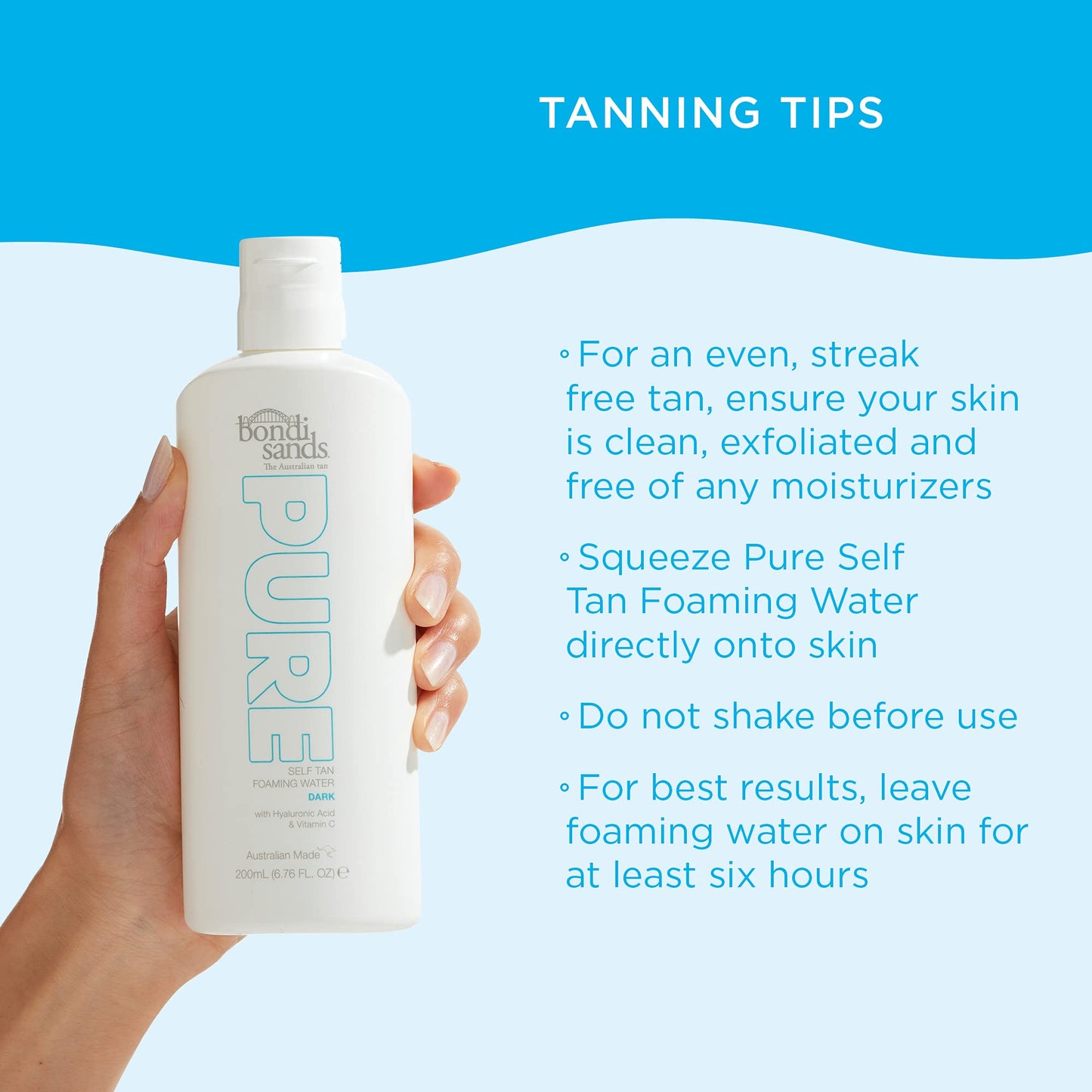 Bondi Sands PURE Dark Self-Tanning Foaming Water | Hydrating Formula Gives a Natural, Flawless Tan, Enriched with Hyaluronic Acid and Vitamins C + E, Vegan + Cruelty Free | 200 mL/6.76 Oz