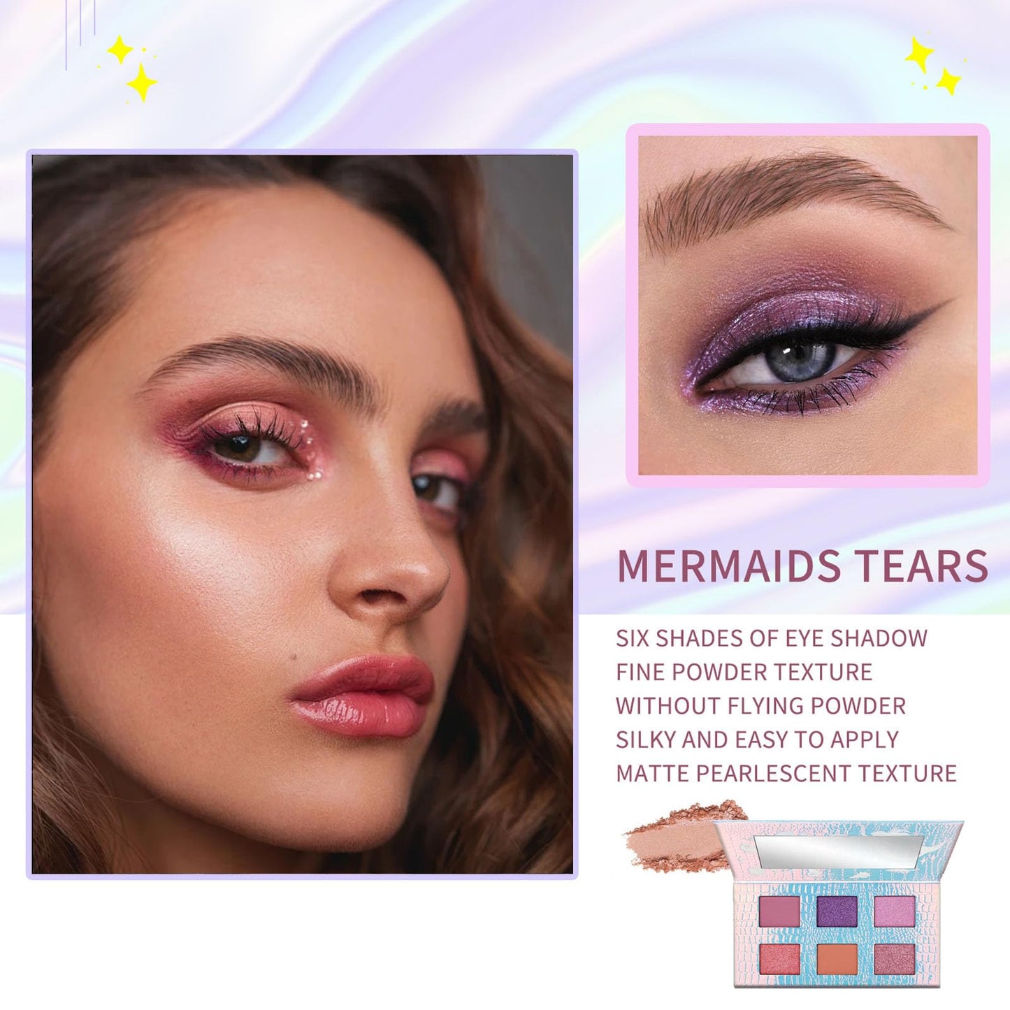 LYNTYAOU Pink Eyeshadow Palette, 6 Colour Natural Pink Purple Coral Shimmer Eye Shadow Pallets for Women, Cool Girl Matte Make Up, Waterproof Make-Up Palettes with Mermaid Brush