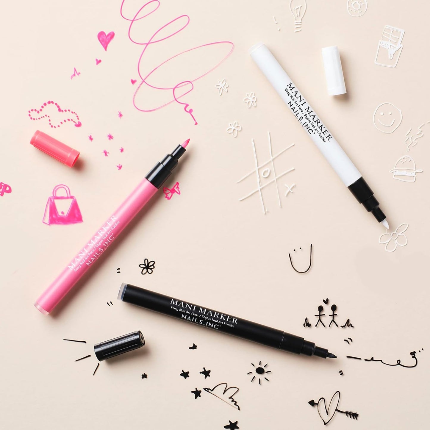 Nails Inc Nails.INC Mani Marker Trio, Easy to Use Nail Polish Art Pen With Precision Tip, Quick Drying, Cruelty Free, Vegan, Includes Bright White, Bubblegum Pink and Mascara Black