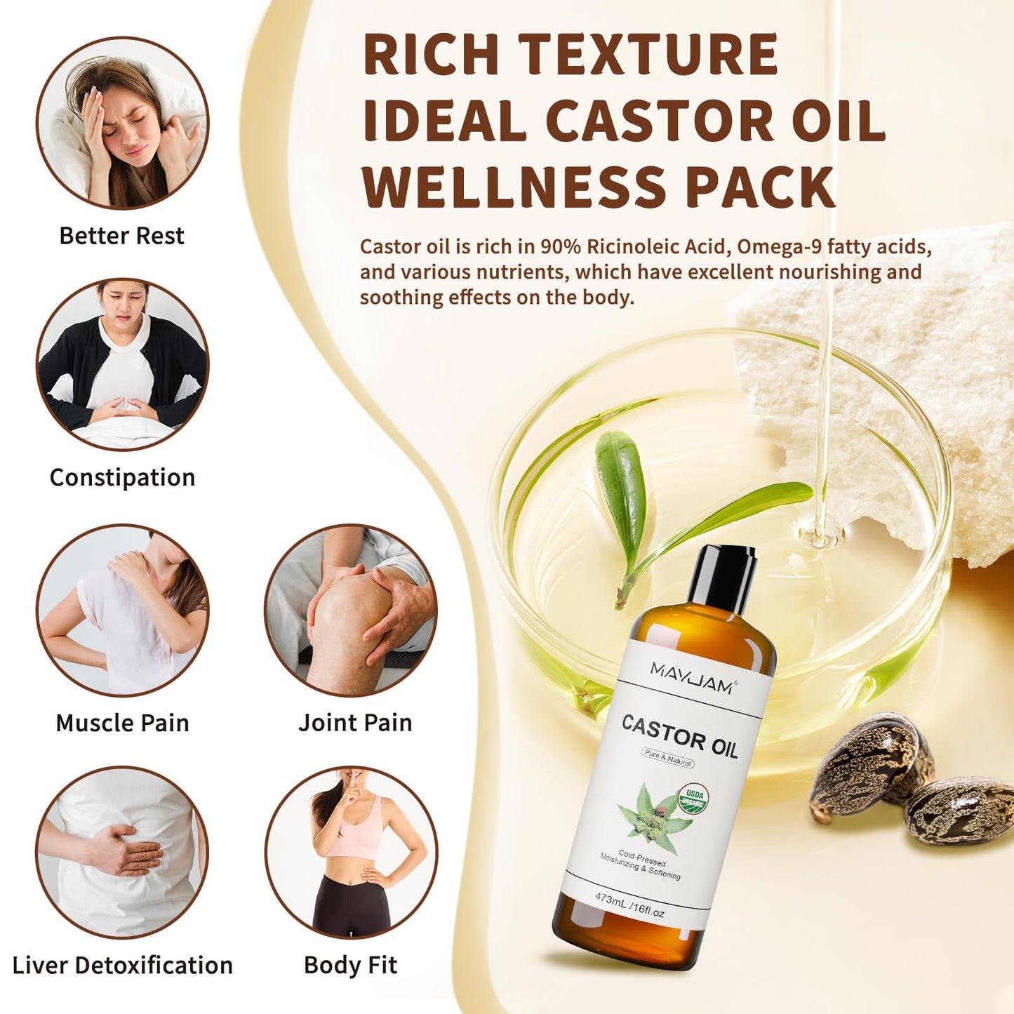 MAYJAM Organic Castor Oil 473ML, Pure Natural Cold & Fresh-Pressed, Promotes Hair, Eyebrow and Eyelash Growth, Carrier Oil for Nourish Skin