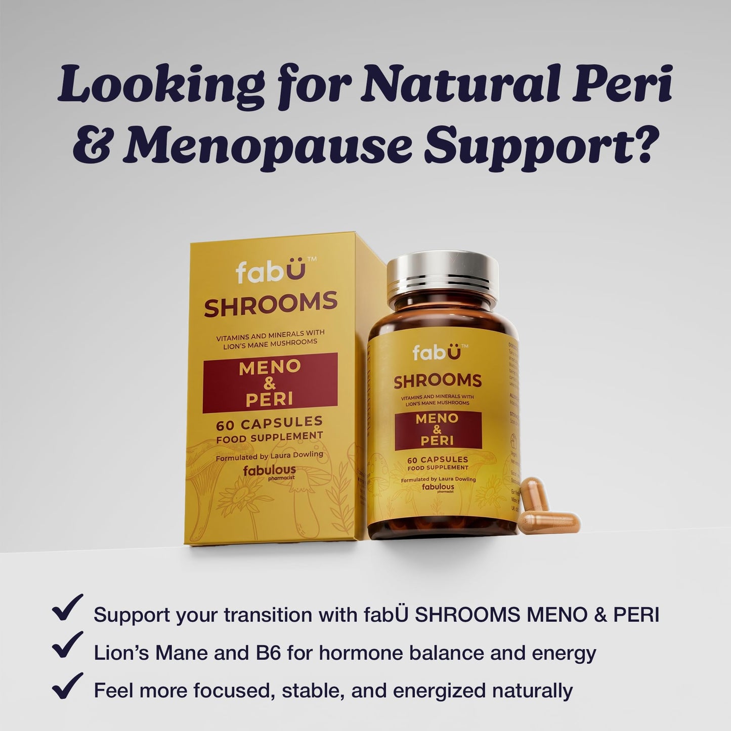 fabÜ Shrooms MENO & PERI - Lion's Mane Mushroom & Magnesium Supplements for Women During Menopause - Natural Perimenopause Support - Hormone Balance & Energy Support (60 Capsules)