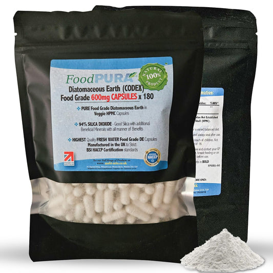 FoodPURA Food Grade Diatomaceous Earth Capsules (Codex) Pure White 94% Silica Fresh Water Sourced 600mg (180)