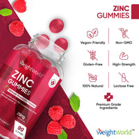 Zinc Gummies 25mg per Gummy – 90 Vegan Zinc Citrate Gummies - Natural Raspberry Flavour – Better Alternative to Bitter Zinc Tablets - Immunity, Skin & Hair Gummies - Zinc Supplement for Men & Women