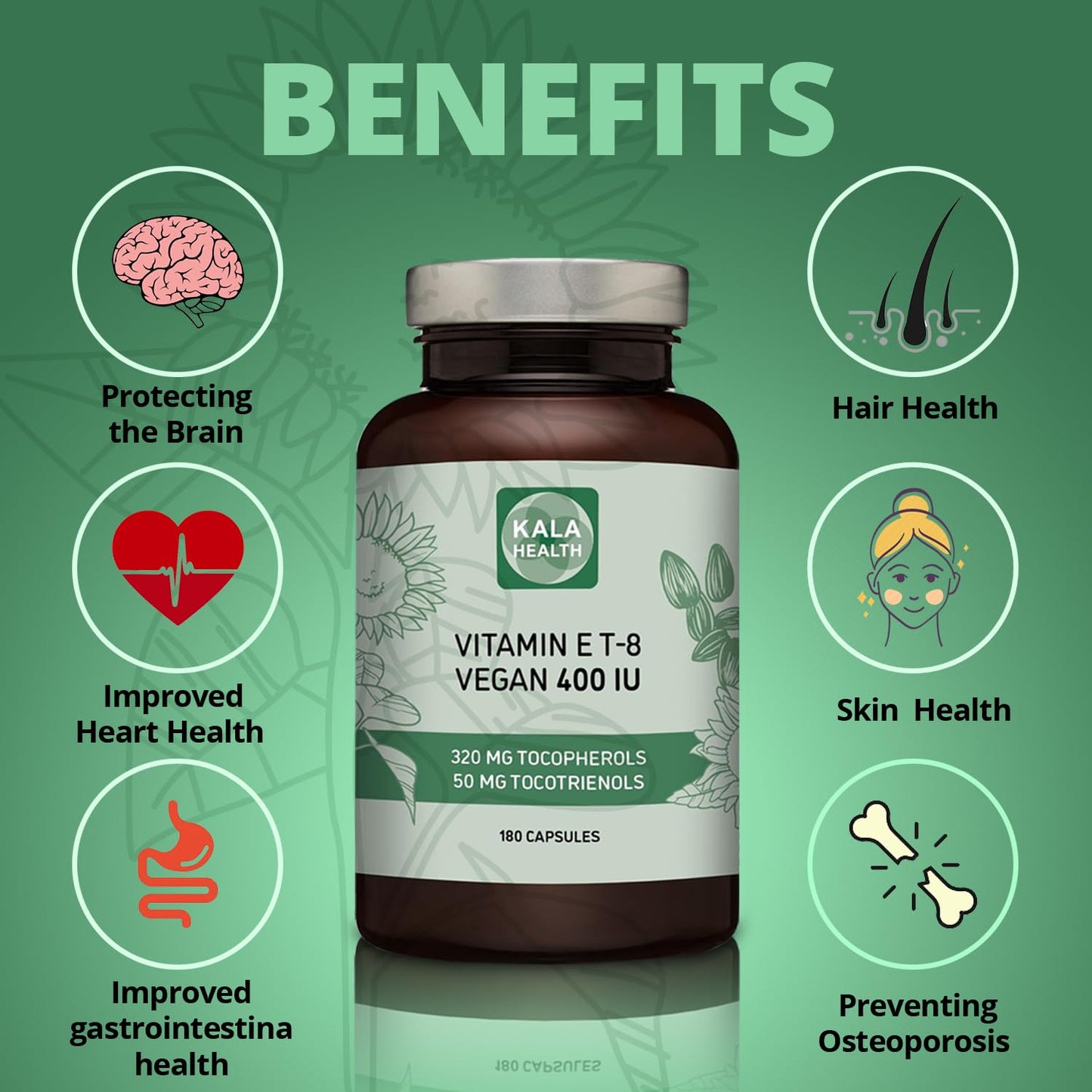 Kala Health Vitamin E - All 8 Tocopherols + Tocotrienols 400 IU Vegan - Alpha Tocopherol/Tocotrienol + Beta Tocopherol/Tocotrienol + Gamma Tocopherol/Tocotrienol + Delta Tocopherol/Tocotrienol