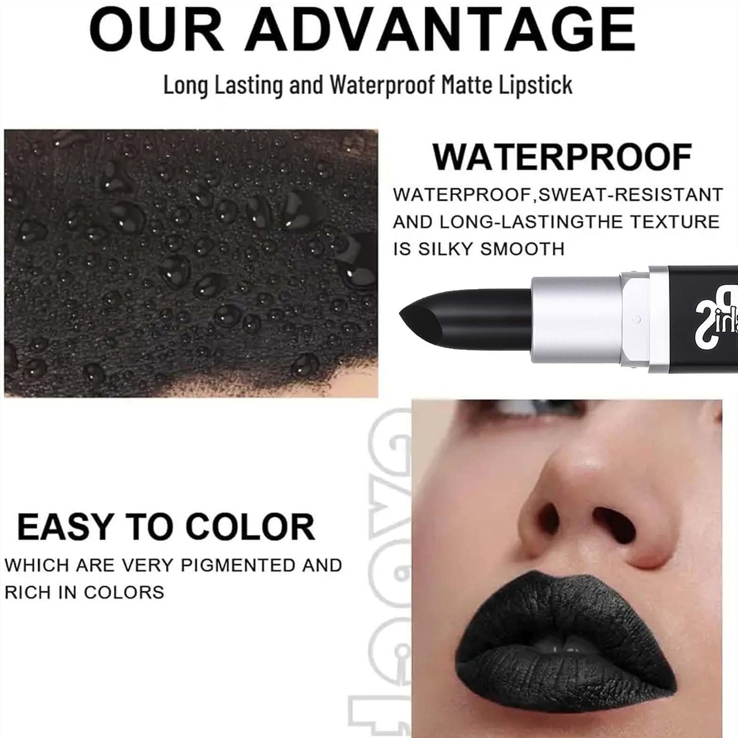 NLFOX Black Lipstick - Matte Black Lip Stick Highly Pigmented - Waterproof Halloween Makeup Smooth Lip Gloss - Vegan Long Lasting Creamy Texture Lipstick for Women Girls on Halloween