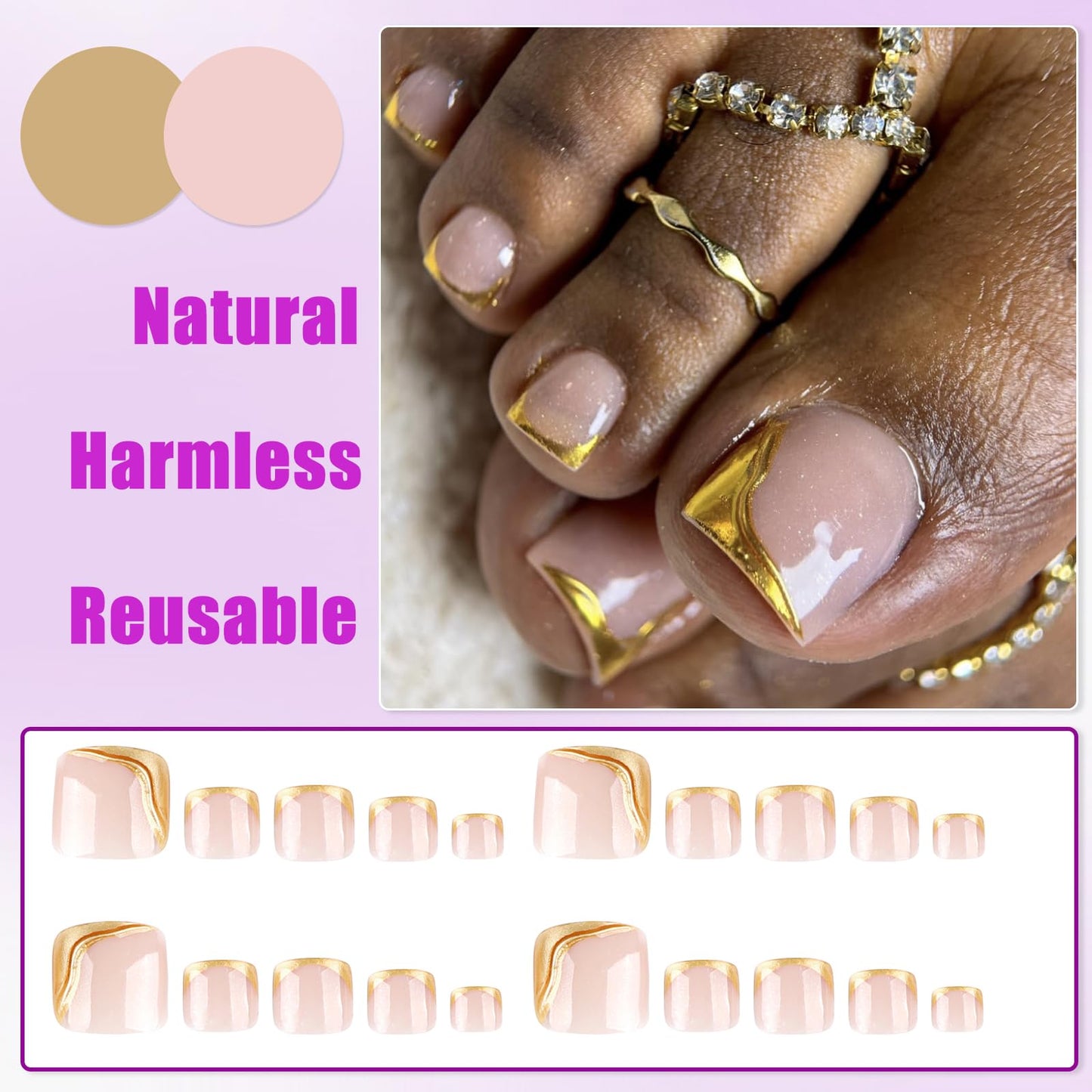 Ceboic 24Pcs French False Toenails, 3D Gold Short Square Fake Toe Nails Glue on, Summer Glossy Gel Acrylic Stick on Toenails, 12 Sizes Nude Pink Full Cover Press on Toe Nails for Women Pedicure Decorations