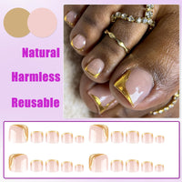 Ceboic 24Pcs French False Toenails, 3D Gold Short Square Fake Toe Nails Glue on, Summer Glossy Gel Acrylic Stick on Toenails, 12 Sizes Nude Pink Full Cover Press on Toe Nails for Women Pedicure Decorations