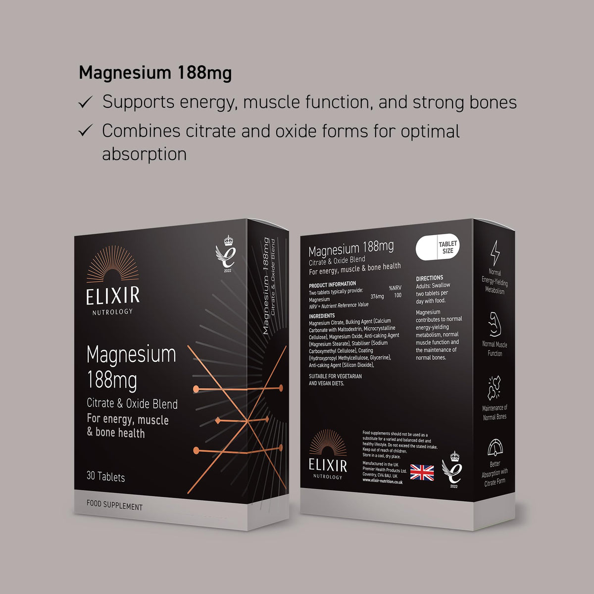 ELIXIR NUTROLOGY Magnesium 188mg Tablets | Supports Energy Metabolism & Muscle Function | Helps Maintain Normal Bones & Reduce Tiredness | Dual Source Magnesium Citrate & Oxide | 30 Vegan Tablets | UK Made
