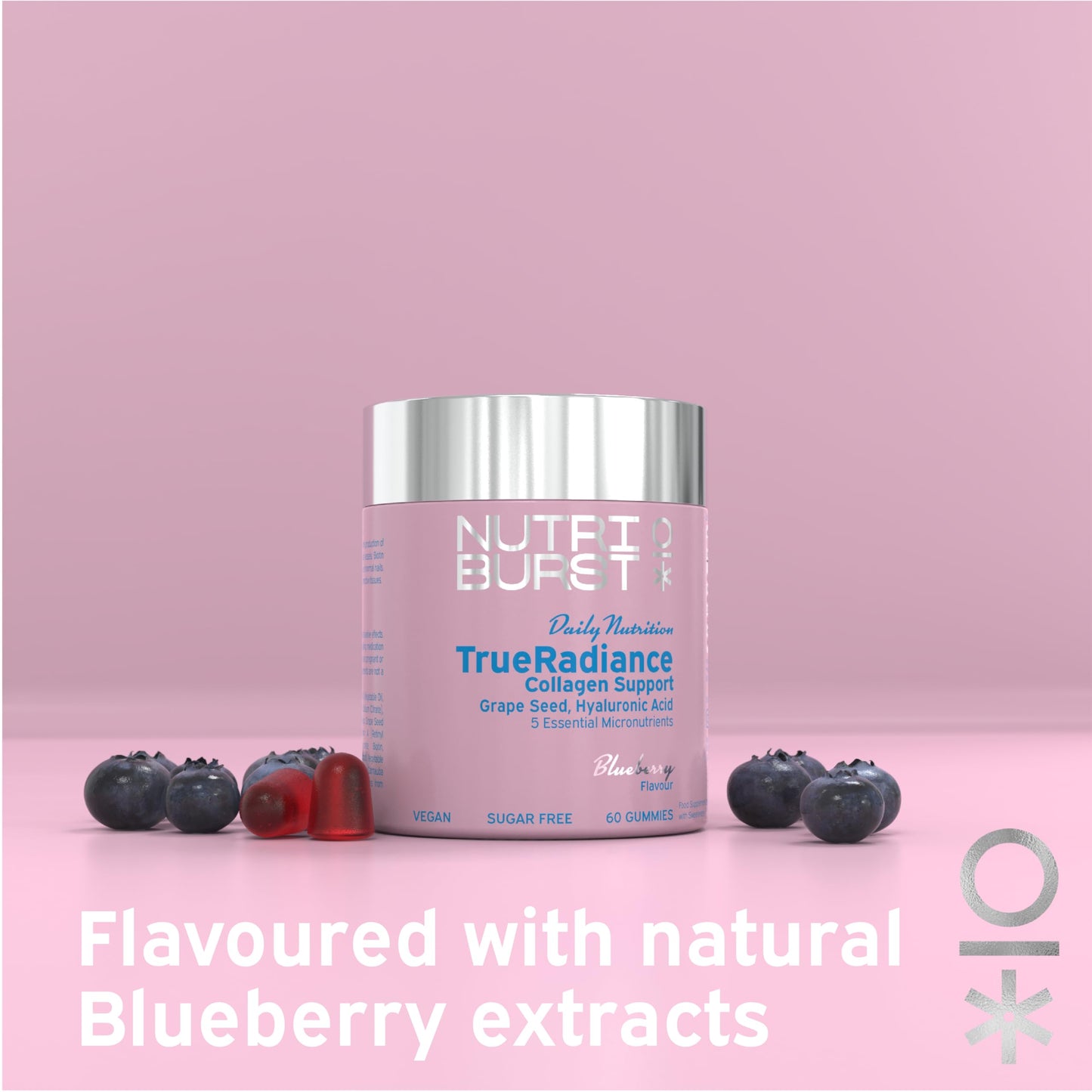 Nutriburst - TrueRadiance Collagen Support Gummies for Healthy Hair, Skin & Nails - Biotin (100µg), Hyaluronic Acid (50mg), Vitamin A (400µg) + Vitamin C (80mg) - 60 Gummies 1 Month Supply