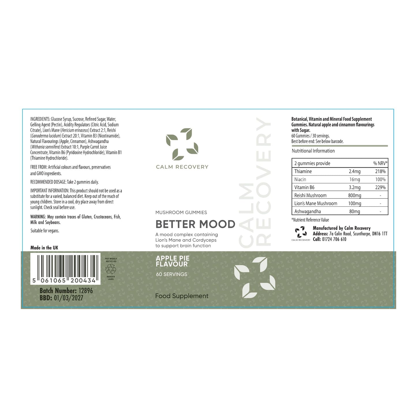 Calm Recovery Better Mood Mushroom Gummies 60 Servings with Lion's Mane and Cordyceps, Advanced Functional Mushroom Complex, Mushroom Supplement, to Support Brain Function
