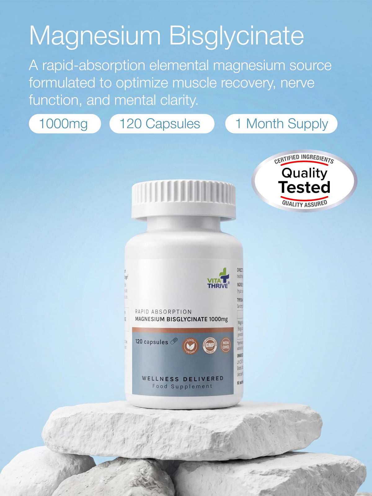 Vita Thrive VitaThrive® Magnesium Bisglycinate 1000mg Capsules – High Absorption Vegan Magnesium Supplement Providing 100mg Elemental Magnesium for Muscle Function – 120 Capsules