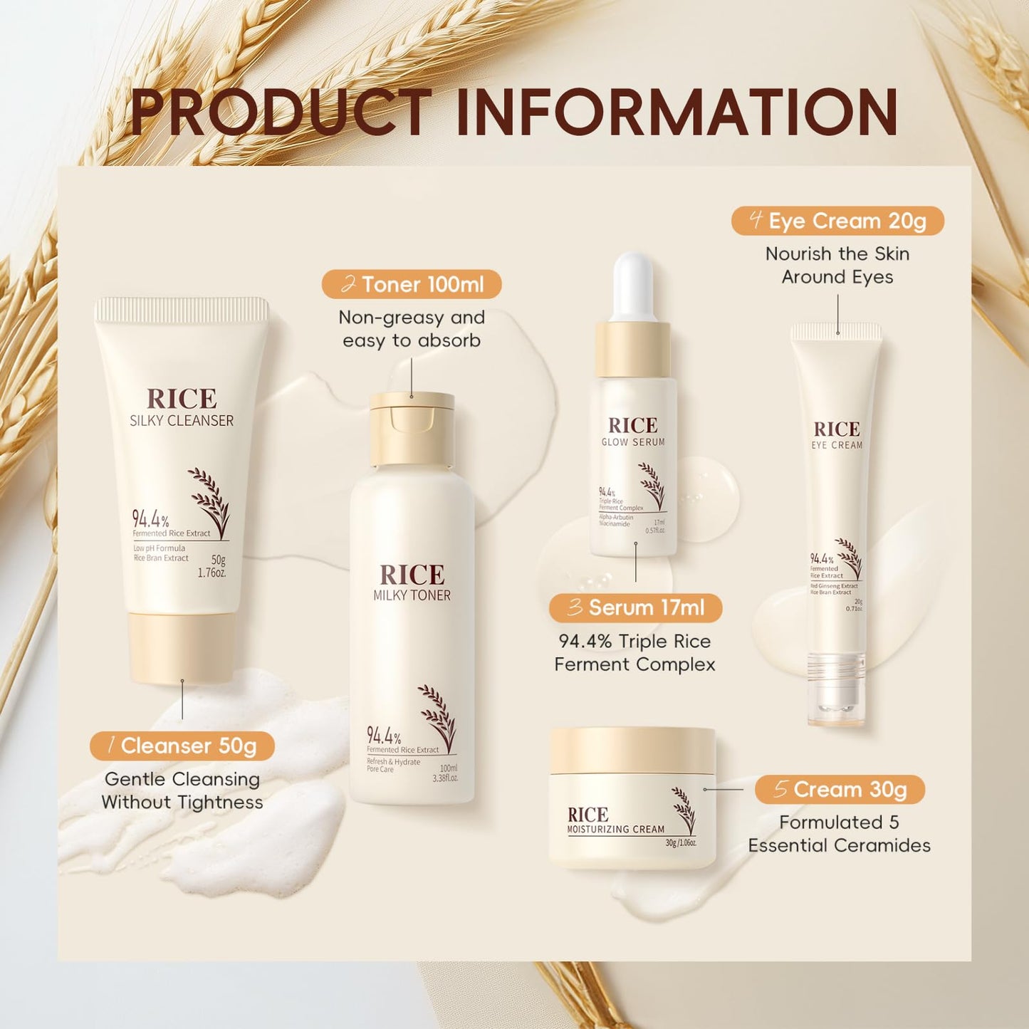 Rice Skincare Set 5PCS,Birthday Gifts for Women,Firming & Moisturizing Skin,Improved Skin Elasticity,Glow Radiance Kits with Toner,Glow Serum,Cleanser,Face & Eye Cream,Teenage Girls Gifts,Mum Gift Set
