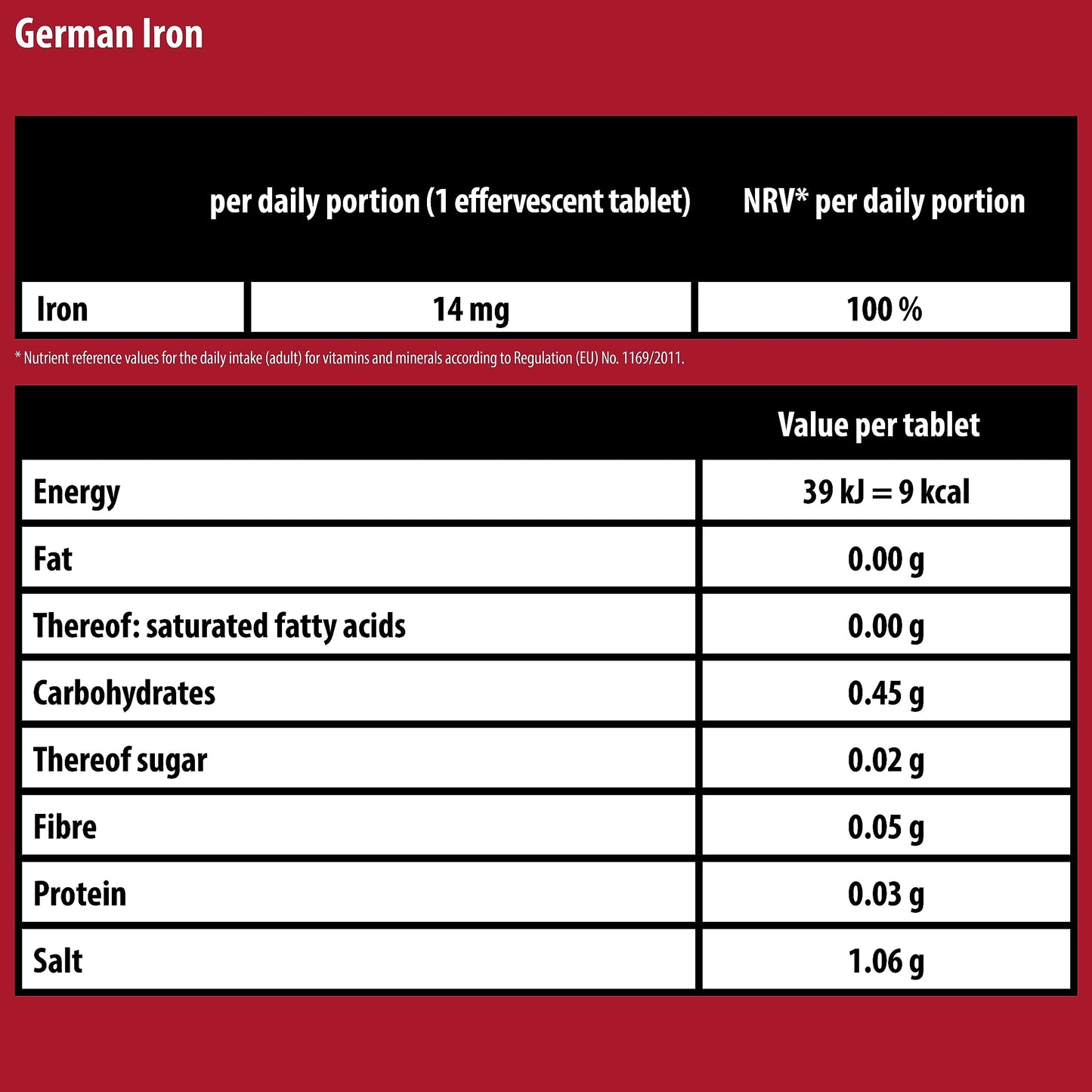 German Iron Drink Effervescent Tablets 60 Servings - Cherry Flavour – 14 mg Iron, Sugar Free, Vegan – T&D Pharma – Made in Germany