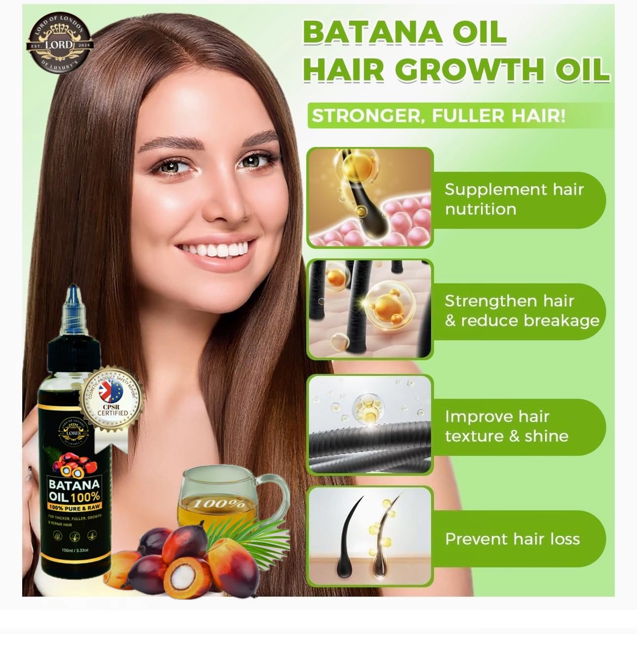 Lord of London Lord Batana Oil 100% Raw & Pure for Hair Growth, Gair treatment, 100ml, Chemical-Free Hair Oil for Thicker Fuller Hair