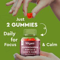 Vitgem 60 Chews KSM-66 Ashwagandha and Lions Mane Gummies for Adults – Sugar-Free Natural Nootropic for Focus, Memory & Stress Relief – Vegan Berry Flavor – Cognitive & Cortisol Balance Supplement
