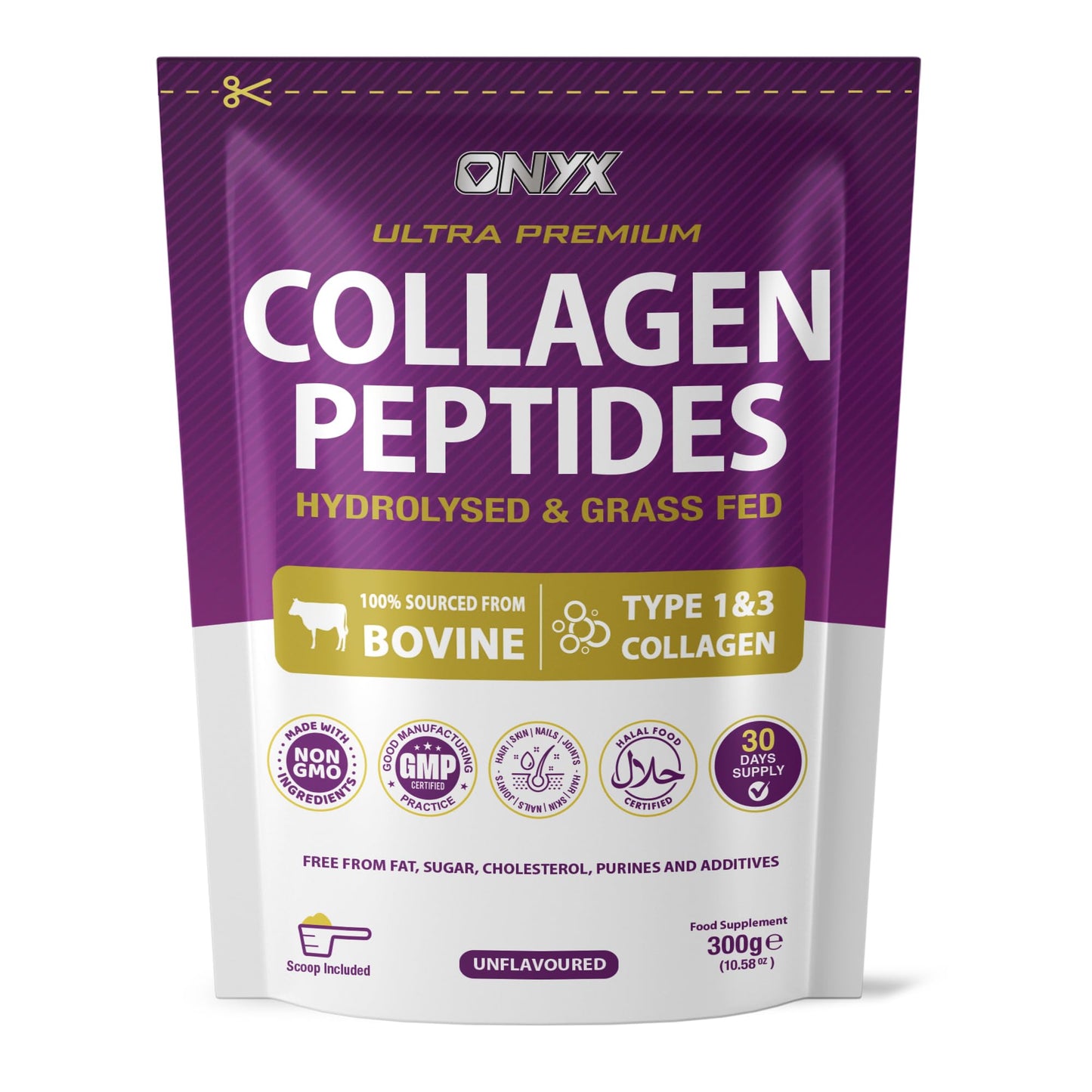 ONYX INGREDIENTS 101 Premium Collagen Powder (Type I, III) Hydrolysed Bovine Collagen Peptides Powder - Halal Certified - 19 Amino Acids - High Levels of All 8 Essential Amino Acids & BCAAs - 150g