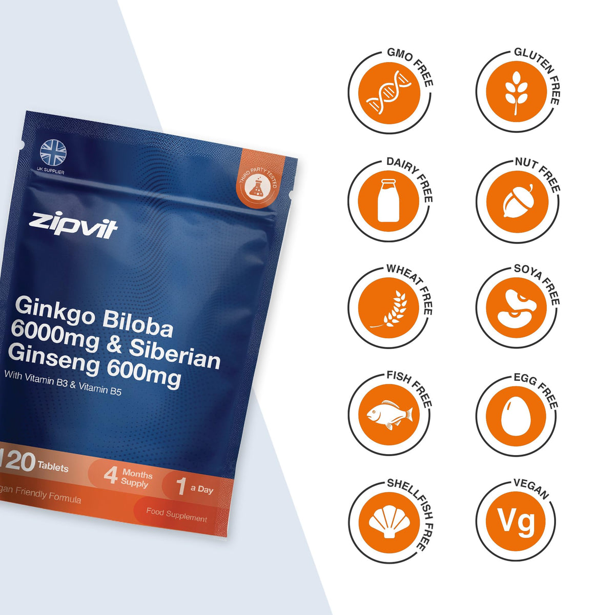 Zipvit Ginkgo Biloba 6000mg & Siberian Ginseng 600mg with Vitamins B3 & B5 Pouch, 120 Vegan Tablets, Supports Energy & Mental Performance, 4 Month Supply