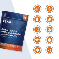 Zipvit Ginkgo Biloba 6000mg & Siberian Ginseng 600mg with Vitamins B3 & B5 Pouch, 120 Vegan Tablets, Supports Energy & Mental Performance, 4 Month Supply