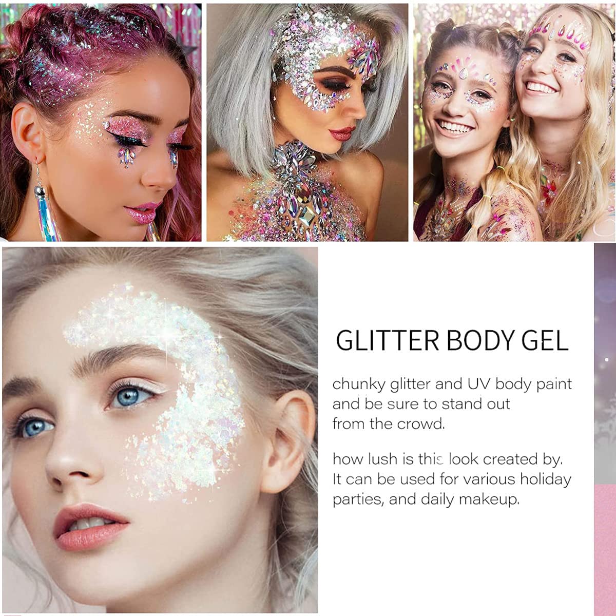 ZDHSOY Body Glitter - Face Glitter, Mermaid Face Glitter Gel, Singer Concerts Sequins Glitter Face Paint, Chunky Glitter for Eye Lip Hair, Sparkling Holographic Gel for Women (Blue)