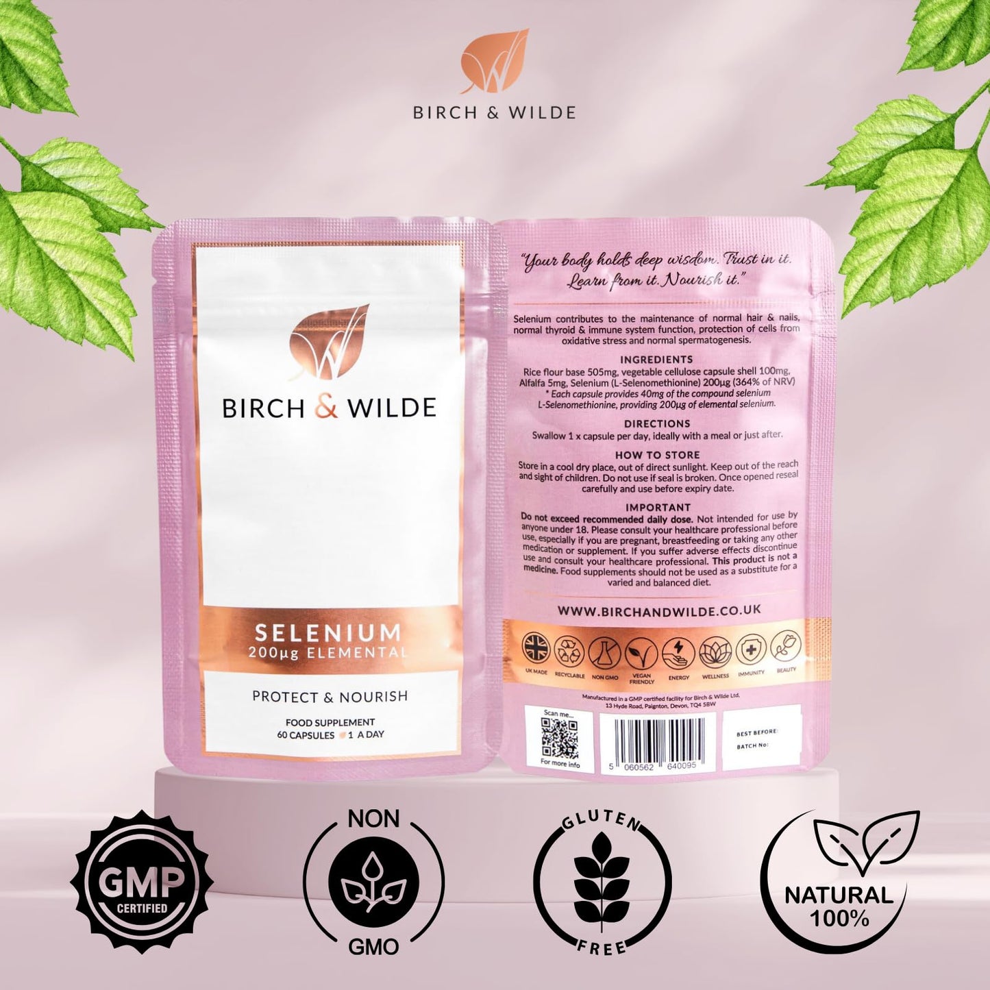 BIRCH & WILDE Selenium 200 μg – High‑Strength Vegan Thyroid & Immune Support Supplement – Antioxidant & Hair Skin Nail Health – UK Made, 60 Capsules (2‑Month Supply)