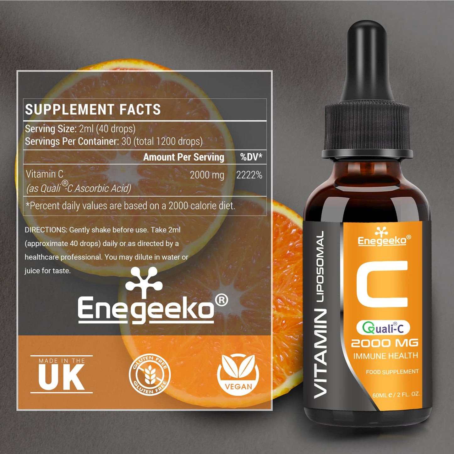 Enegeeko Liposomal Vitamin C Liquid 2000mg – High Absorption Vegan Formula for Immune & Antioxidant, Non-GMO, Gluten & Soy Free (60 ml (Pack of 2))
