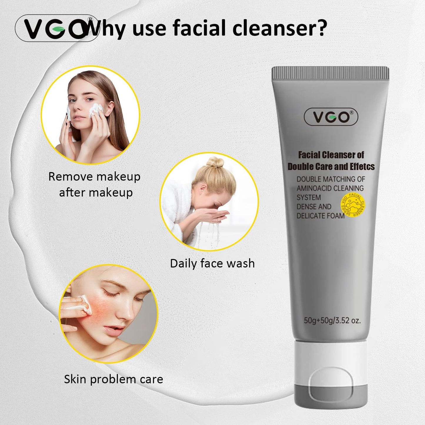 VGO Face Cleanser, Face Wash of Double Care and Effects, Cleansing Mud Mask & Amino Acid Cleansing Double Tube in 1 Facial Cleanser for All Skin Types 100g