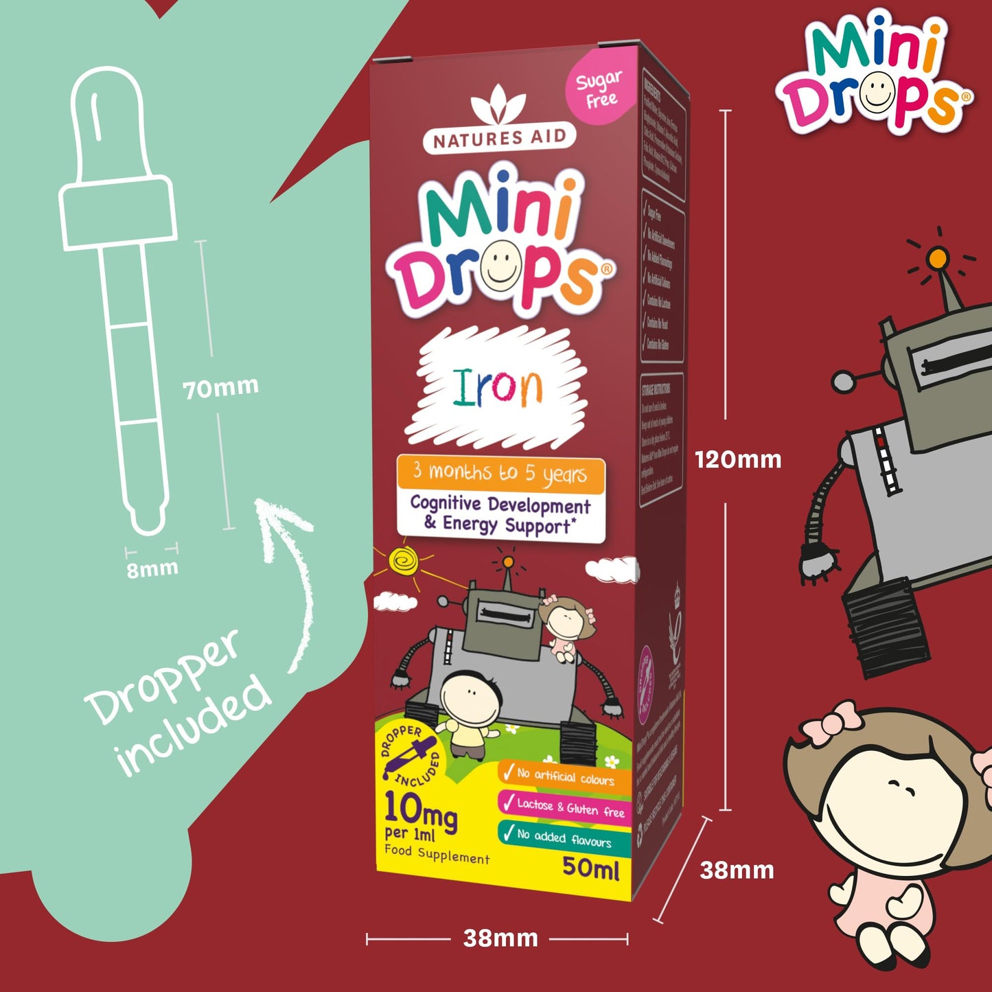 Natures Aid Mini Drops Iron for Kids 50ml – Supports Cognitive Development & Energy – Gluten & Sugar Free Vegan Non-GMO – Natural Supplement for Babies & Children Age 0-5 Years Old - Dropper Included