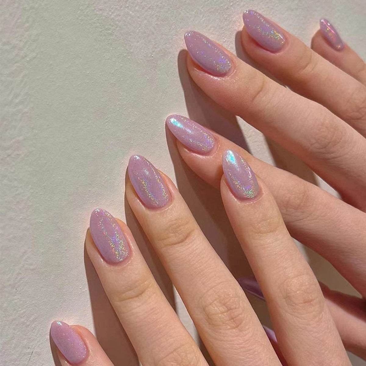 TMUT 24pcs Short Almond False Nails Purple Glitter Stick on Nails Press on Nail Removable Glue-on Full Cover Acrylic Fake Nail Art Accessories for Women
