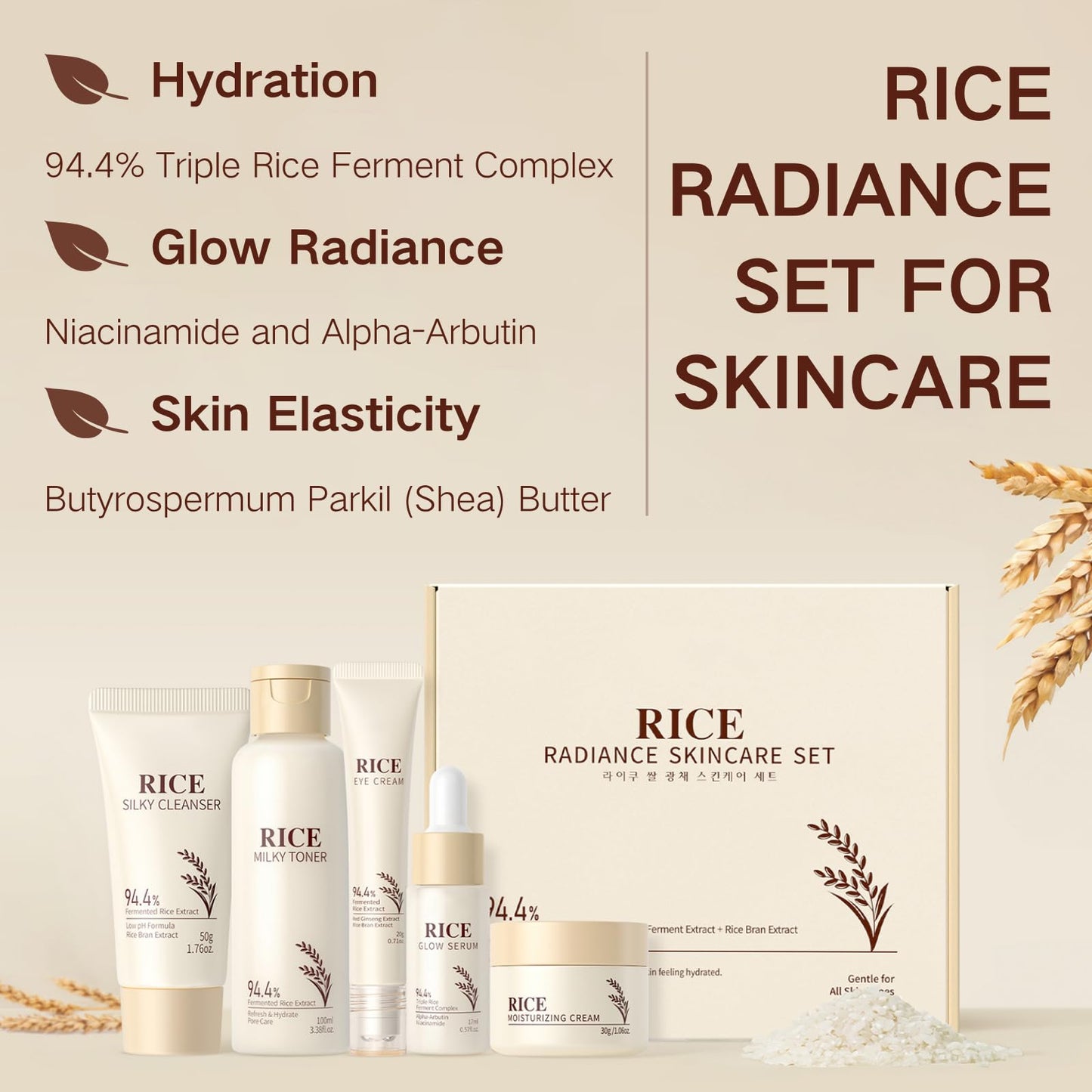 Rice Skincare Set 5PCS,Birthday Gifts for Women,Firming & Moisturizing Skin,Improved Skin Elasticity,Glow Radiance Kits with Toner,Glow Serum,Cleanser,Face & Eye Cream,Teenage Girls Gifts,Mum Gift Set