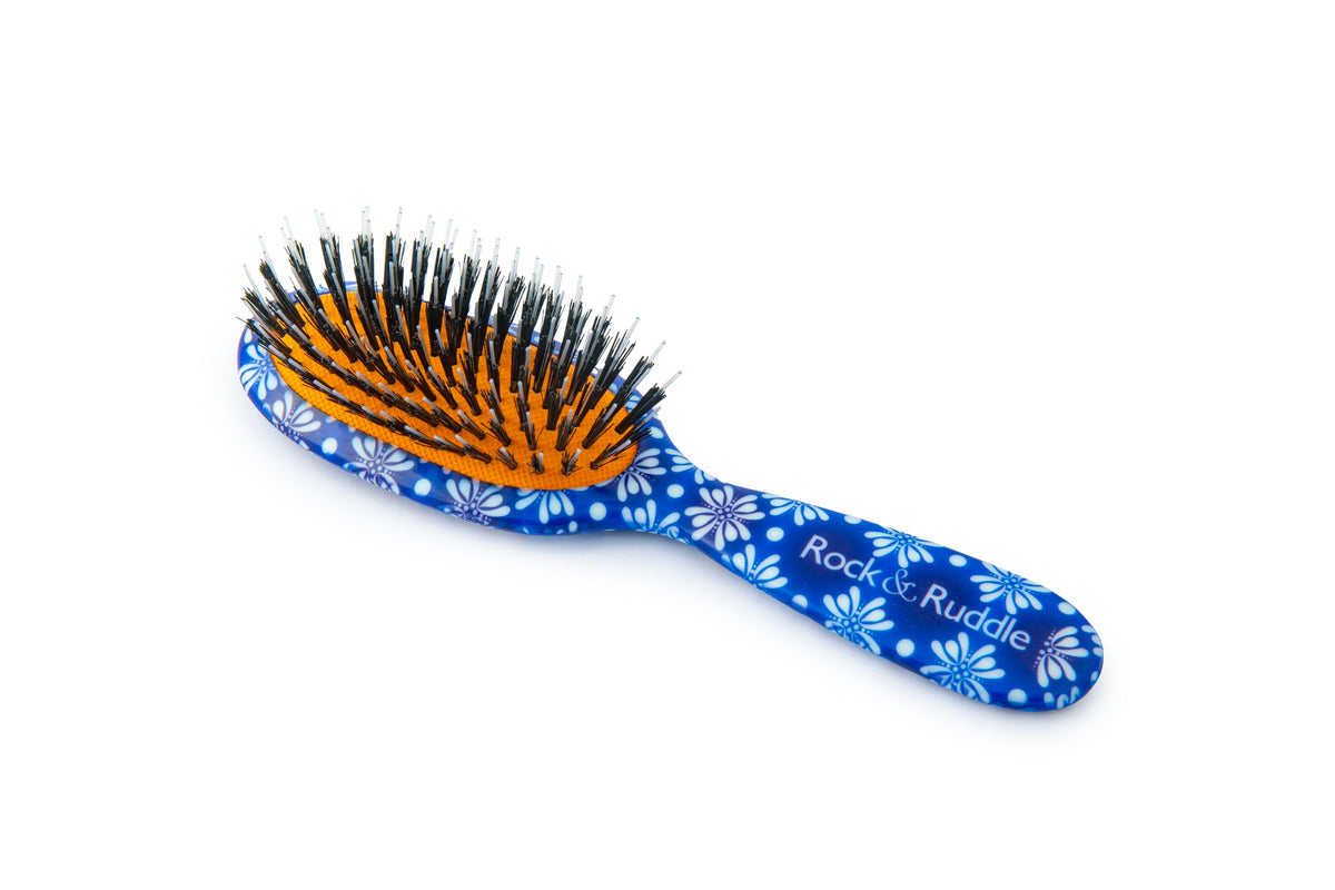 Rock & Ruddle Natural Mixed Boar Bristle Hair Brush for Women and Kids (Small/Travel Size, 17.5cm - Perfect for Wet or Dry Hair, Detangling Smoothing Blowdrying - Made in UK - Tile Blue