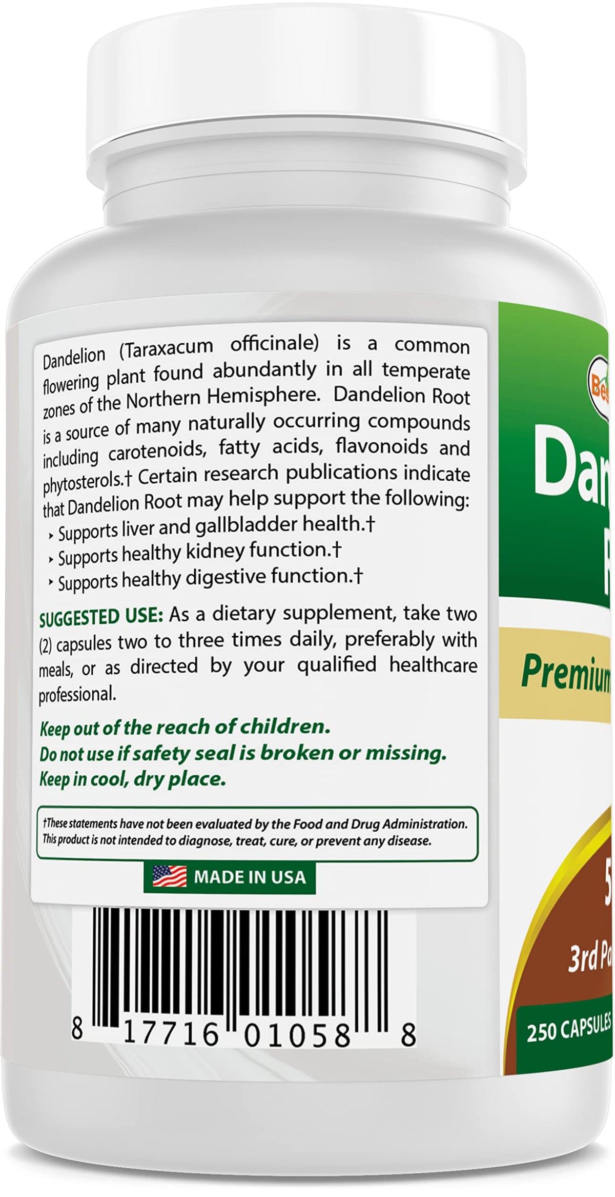 Best Naturals Dandelion Root 520 mg 250 Capsules (250 Count (Pack of 2))