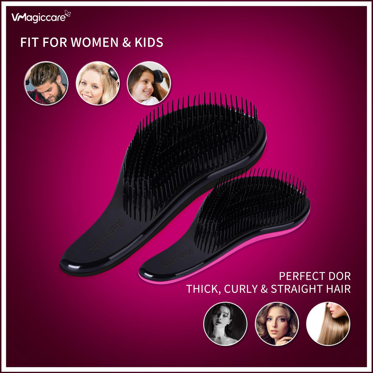 VMAGIC CARE Detangling Brush - Glide Through Tangled Hair - Best Brush for Women, Girls, Men & Boys - Wet & Dry Use (Black & Rose Red)