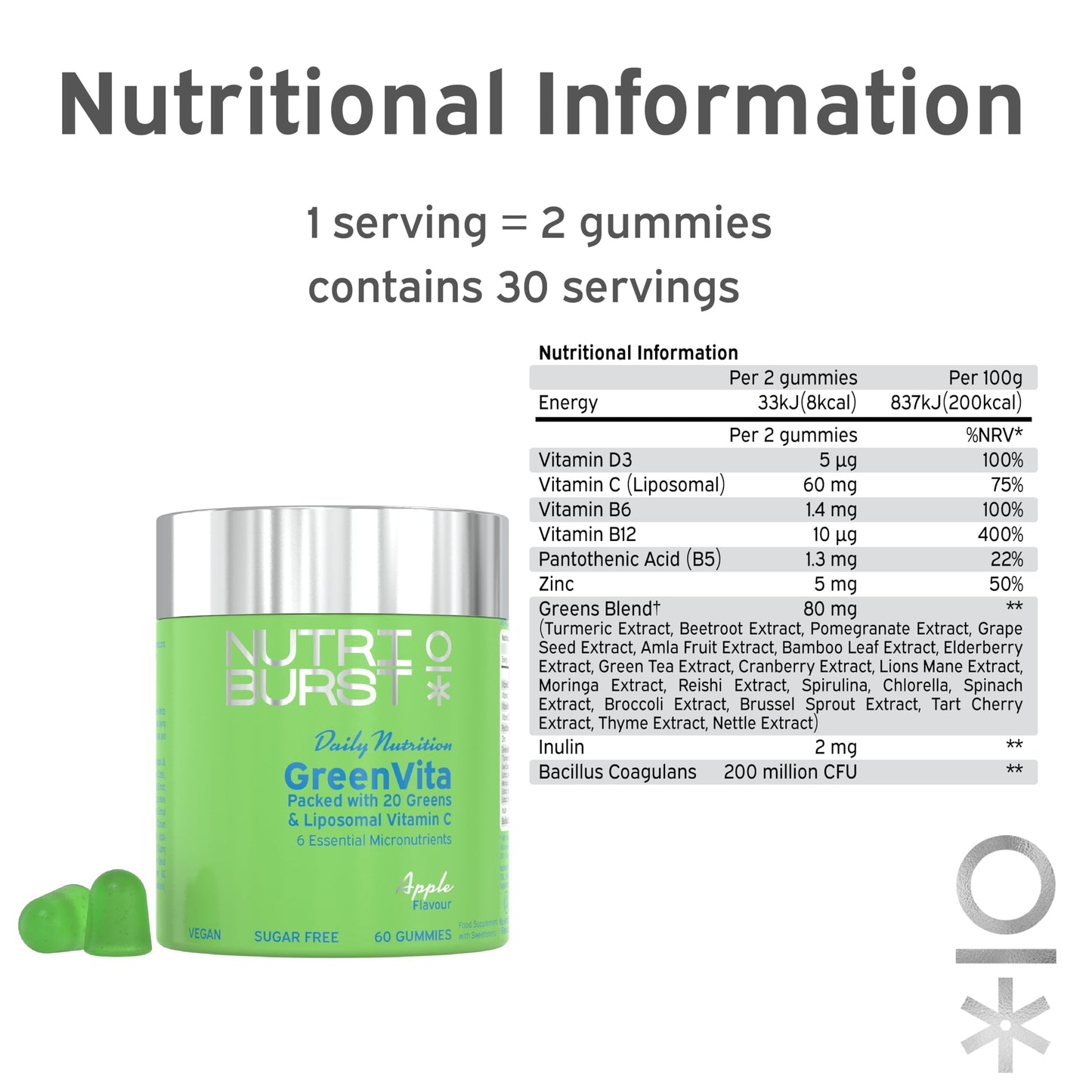 Nutriburst GreenVita - Super Greens Blend Gummies - Fruit + Veg + 100% Fruiting Bodies Mushrooms + 200 million Live Bacteria Cultures - Boosted with Vitamins - 1 Month Supply - Suitable for Vegans