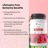 Lifetropics Pure Berberine - 500mg Berberine HCL Supplement - Lab Tested Authentic - Vegan Friendly - 60 Plant-Based Pullulan Capsules